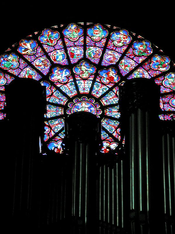 Paris 23 Notre Dame Inside Close Up View Of The Great Organ Pipes And Stained Glass Window 